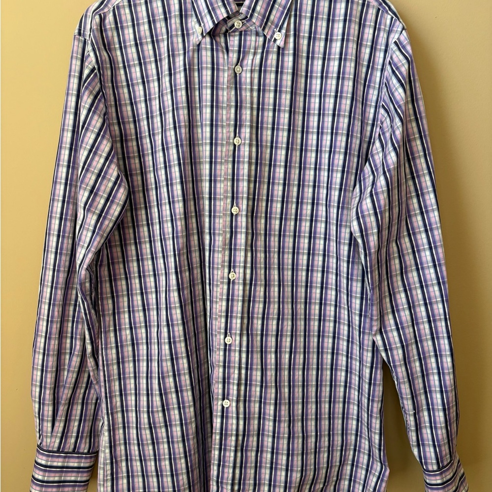 Bergdorf Goodman Purple Casual Button Down Shirt with Plaid Design made in Italy